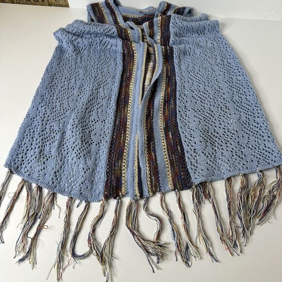 OSO Casuals Boho Crochet Sleeveless Long Vest Sz L Blue Multicolor Fringe Hippie - Picture 9 of 14